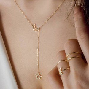 Moon Star Lariat Necklace (Gold)